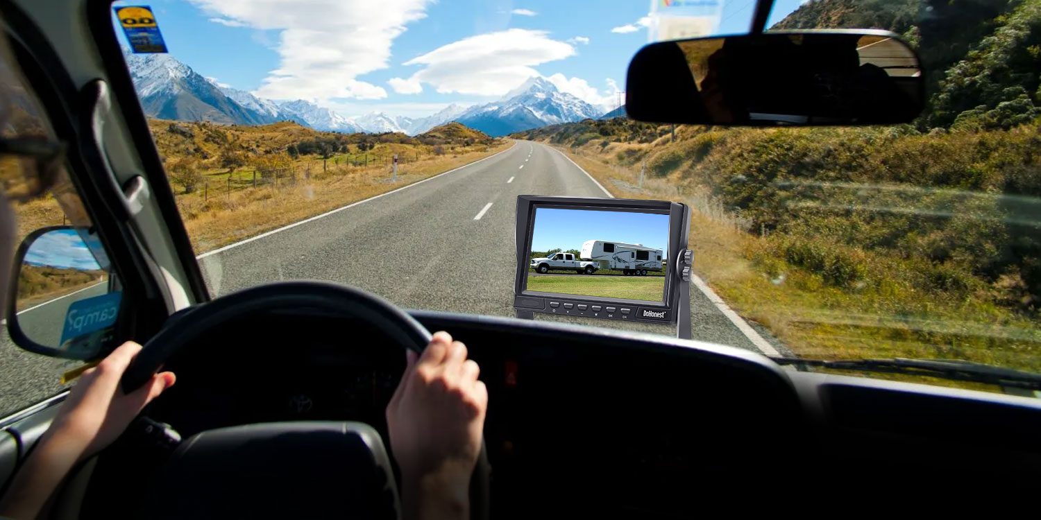 DoHonest backup camera monitor on a mountain highway